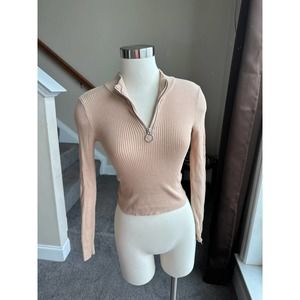 Divided H&M tan ribbed semi cropped quarter zip top, size XS